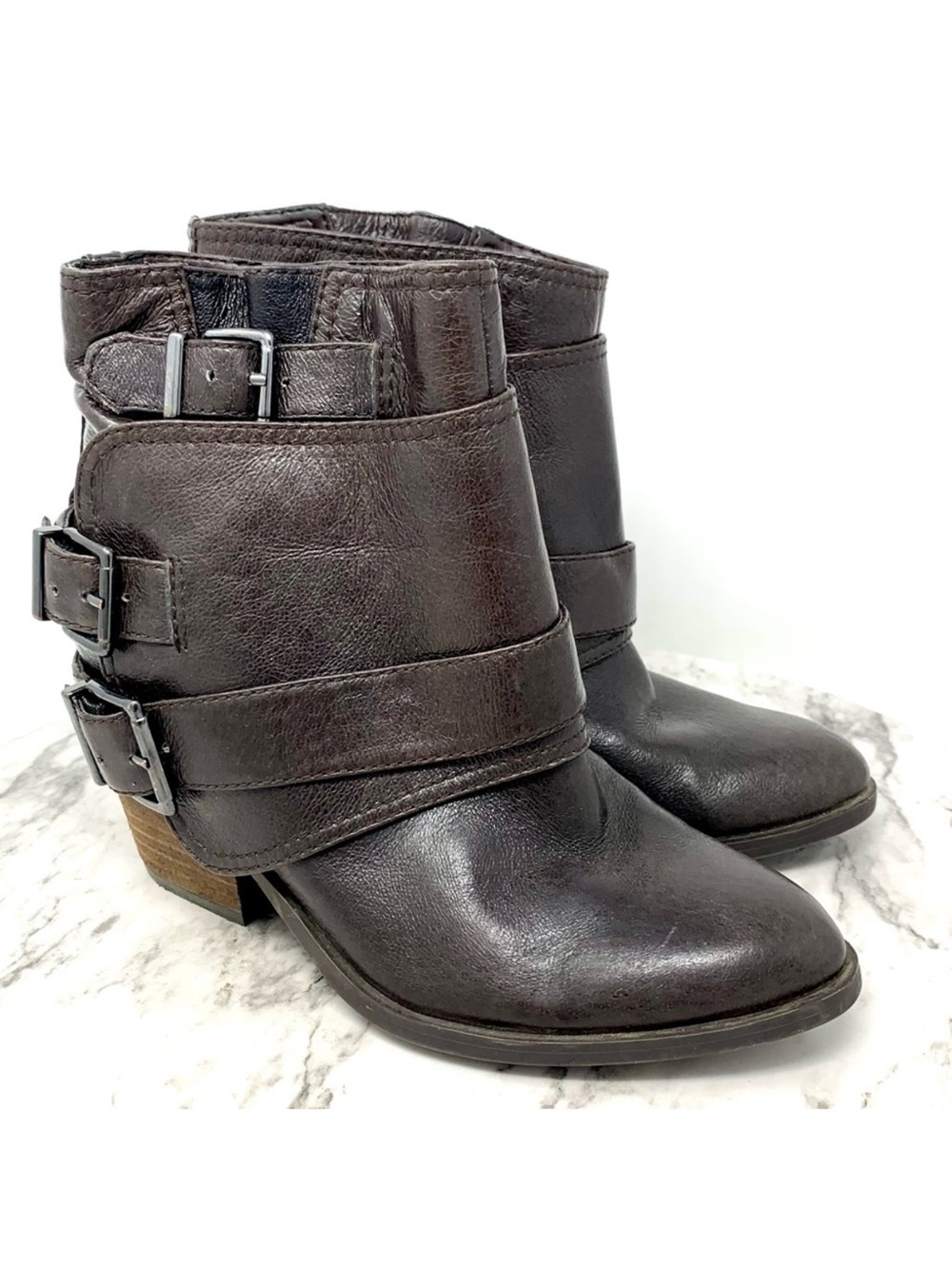 Jessica Simpson Teagan Brown Leather Wrap Spat Boots 5/35 Moto Edgy Boho Alt